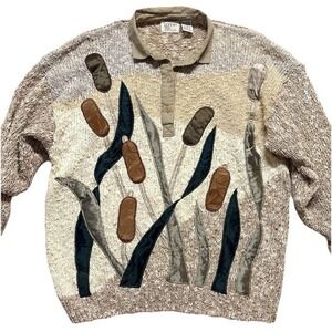 Vintage Knit Sweater Pullover Collared Applique Textured Neutral Women L